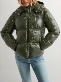 Damen Steppjacke mit verstellbarer Kapuze und Reißverschlusstaschen - Olivgrün
