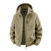Herren Softshelljacke im Tactical-Stil mit versteckter Kapuze und Brusttasche - Khaki