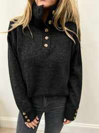 Maja | Damen Langarmpullover mit Knöpfen - Schwarz