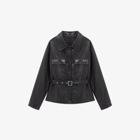 Damen Lederjacke im Oversize-Utility-Stil mit Taillengürtel Nord Taschen - Schwarz