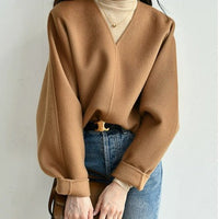Damen Wolle Pullover mit V-Ausschnitt Nord Taschen - Camel