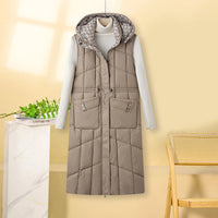 Damen lange Thermo-Steppweste mit Kapuze und Multifunktionstaschen - Khaki