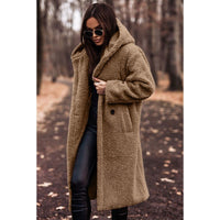 Damen Teddymantel mit Kapuze und großen Knöpfen - Camel