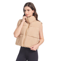 Damen ultraleichte Kurz-Steppweste mit hohem Stehkragen und Kordelzug - Khaki