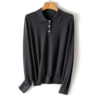 Damen Feiner Langarm-Polo-Pullover aus Feinstrick mit Knopfleiste Nord Taschen - Dunkelmeliertgrau