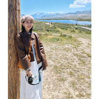 Damen Kurzjacke aus Lederimitat mit kastigem Schnitt und Hemdkragen Nord Taschen - Kaffeebraun