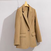 Damen Lang geschnittener Wollmix-Blazer mit Ein-Knopf-Verschluss und Pattentaschen Nord Taschen - Kamel (Oberteil)
