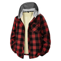 Herren kariertes Overshirt mit Kapuze, Brusttasche und Druckknopfverschluss - Schwarz-Rot