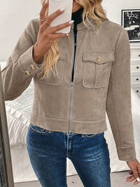 Damen Kurzjacke mit Pattentaschen und Reißverschluss - Khaki