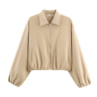 Damen Cropped Bomberjacke mit Ballonärmeln, elastischem Saum und Reverskragen Nord Taschen - Apricot