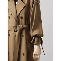 Damen Doppelreihiger Trenchcoat mit Taillengürtel und Ballonärmeln Nord Taschen - Dunkles Khaki