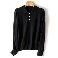 Damen Feiner Langarm-Polo-Pullover aus Feinstrick mit Knopfleiste Nord Taschen - Obsidienschwarz