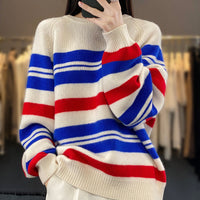 Damen Oversized Pullover mit Streifen und Rundhalsausschnitt - Farbblock