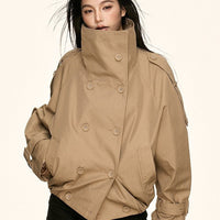 Damen Oversized Doppelreihige Trench-Bomberjacke mit hohem Stehkragen Nord Taschen - Khaki