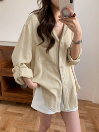 Damen Lässiges Leinenoptik-Longshirt mit Oversize-Schnitt und Brusttasche Nord Taschen - Milchgelb