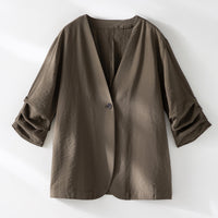 Damen Leichter Oversize-Blazer mit V-Ausschnitt, Ein-Knopf-Verschluss und gerafften Dreiviertelärmeln Nord Taschen - Brauner Anzug