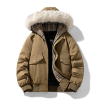 Herren wattierte Winterjacke mit Kapuze und abnehmbarem Kunstfellkragen - Ocker
