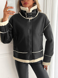 Damen Kunstlederjacke mit Teddyfutter und Reißverschluss - Schwarz