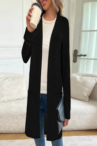 Damen Longline Langarm-Cardigan mit Taschen - Schwarz