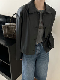 Damen Kurze Boxy-Lederjacke mit Hemdkragen Nord Taschen - Schwarz