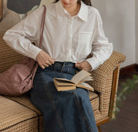 Damen Oversized Hemdbluse mit Brusttasche Nord Taschen - Mondweiß