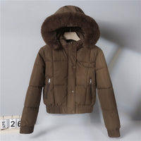 Damen kurzes wattiertes Kapuzenblouson mit Kunstfellkragen - Braun
