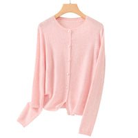 Damen Feiner Rundhals-Cardigan aus softem Feinstrick mit durchgehender Knopfleiste Nord Taschen - Rosa Blüten