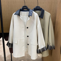 Damen Kurzjacke im Oversize-Trenchstil mit kontrastkragen aus Kunstleder und karierter Umschlagmanschette Nord Taschen - Khaki