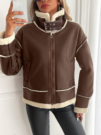 Damen Kunstlederjacke mit Teddyfutter und Reißverschluss - Braun
