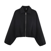 Damen Cropped Bomberjacke mit Ballonärmeln, elastischem Saum und Reverskragen Nord Taschen - Schwarz