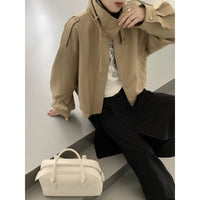 Damen Kurze Bomberjacke im Trench-Style mit hohem Stehkragen und Schulterpatten Nord Taschen - Khaki