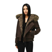Damen kurze Bomberjacke mit voluminöser Kapuze und Daumenlochbündchen - Braun