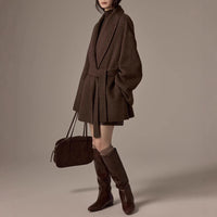 Damen Oversized Wollmantel mit Gürtel Nord Taschen - Schwarz