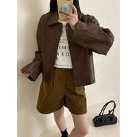 Damen Boxy‑Kunstleder‑Hemdjacke mit verdeckter Knopfleiste und überschnittenen Schultern Nord Taschen - Kaffeebraun