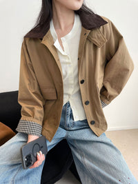 Damen Kurzjacke im Worker-Stil mit Cordkragen und aufgesetzten Pattentaschen Nord Taschen - Kaffee-Braun
