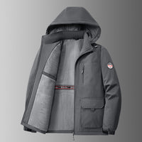 Herren gefütterte Softshell-Winterjacke mit Kapuze und Multifunktionstaschen - Grau