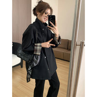 Damen Kurztrenchjacke im Oversize‑Boxy‑Schnitt mit Stehkragen und kariertem Ärmelaufschlag Nord Taschen - Schwarz