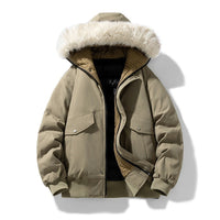 Herren wattierte Winterjacke mit Kapuze und abnehmbarem Kunstfellkragen - Militärgrün