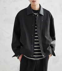 Herren Boxy-Zipjacke aus strukturiertem Baumwollmix mit Lederkragen und verdeckter Druckknopfblende Nord Taschen - Schwarz