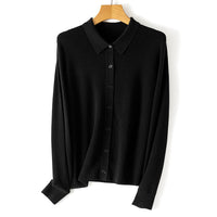 Damen Feiner Knopfcardigan mit Hemdkragen und feinem Feinstrick Nord Taschen - Obsidienschwarz