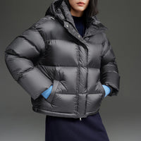 Damen Kurze boxy gesteppte Daunenjacke mit Kapuze Nord Taschen - Dunkelgrau