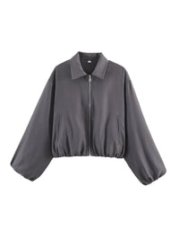Damen Cropped Bomberjacke mit Ballonärmeln, elastischem Saum und Reverskragen Nord Taschen - Dunkelgrau