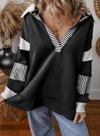 Damen Oversized V-Ausschnitt Gestreifter Sweatshirt - Schwarz