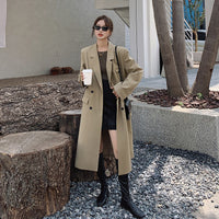 Damen zweireihiger Oversize-Trenchcoat mit Revers und verlängertem Schnitt - Khaki