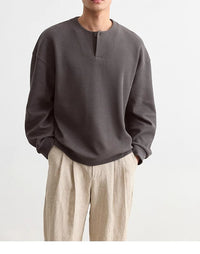 Herren Strukturierter Oversize-Strickpullover mit Henley-Knopfleiste Nord Taschen - Felsgrau