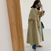 Damen langer Swingcoat mit A-Linien-Schnitt und überschnittenen Schultern - Khaki