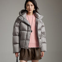 Damen Kurze boxy gesteppte Daunenjacke mit Kapuze Nord Taschen - Grau
