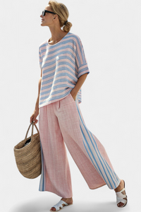 Aria | Elegante Bluse aus rosa-blauem Leinen & weiche Hose - Mehrfarbige Streifen