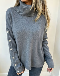 Mara | Damen Oversized Langarm-Turtleneck-Pullover mit Knöpfen - Grau