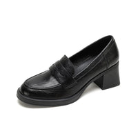 Damen Leder Slip-On-Pumps mit modischem Blockabsatz - Schwarz